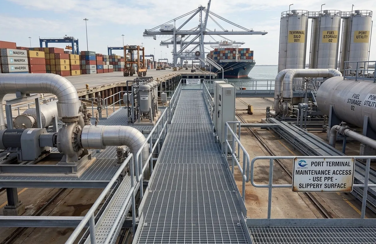 Marine-grade steel grating access platforms providing durability and slip resistance in coastal port facilities