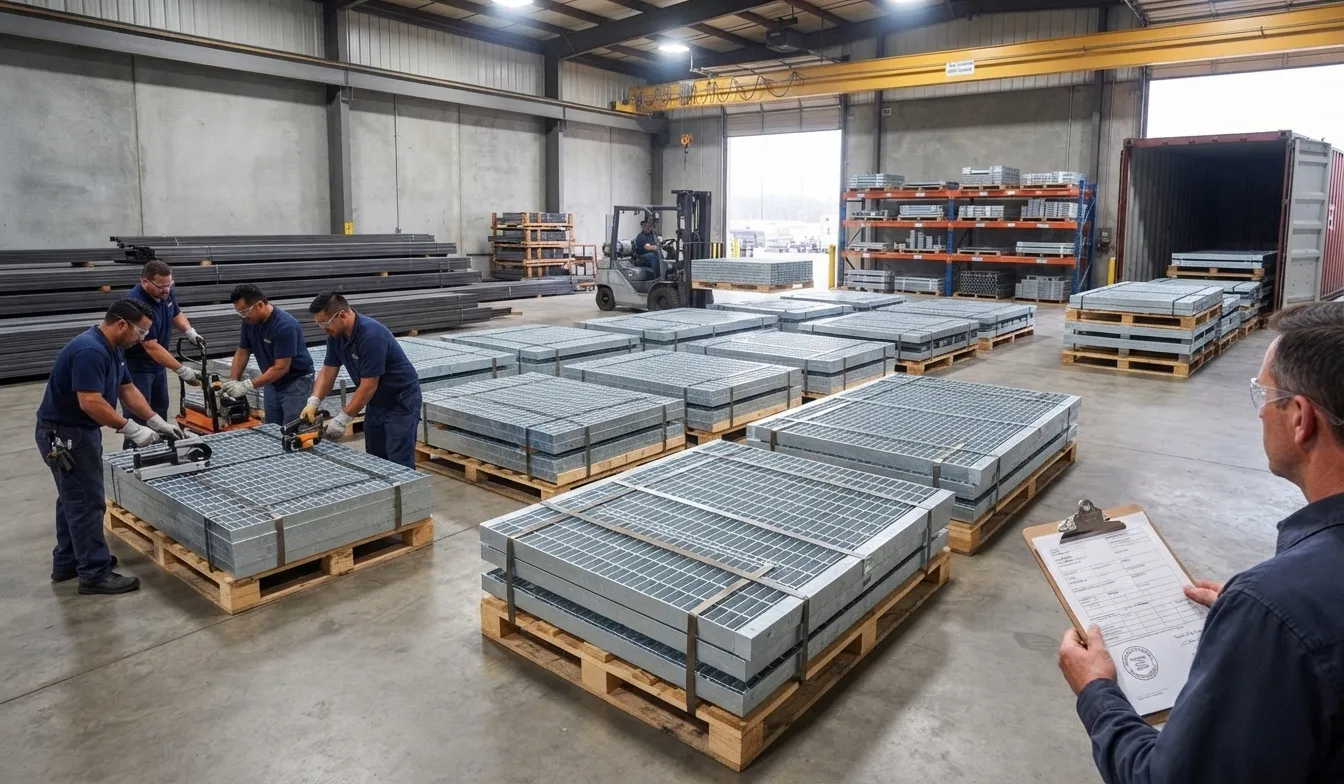 Durable packaging and protective bundling of custom steel grating products in factory warehouse