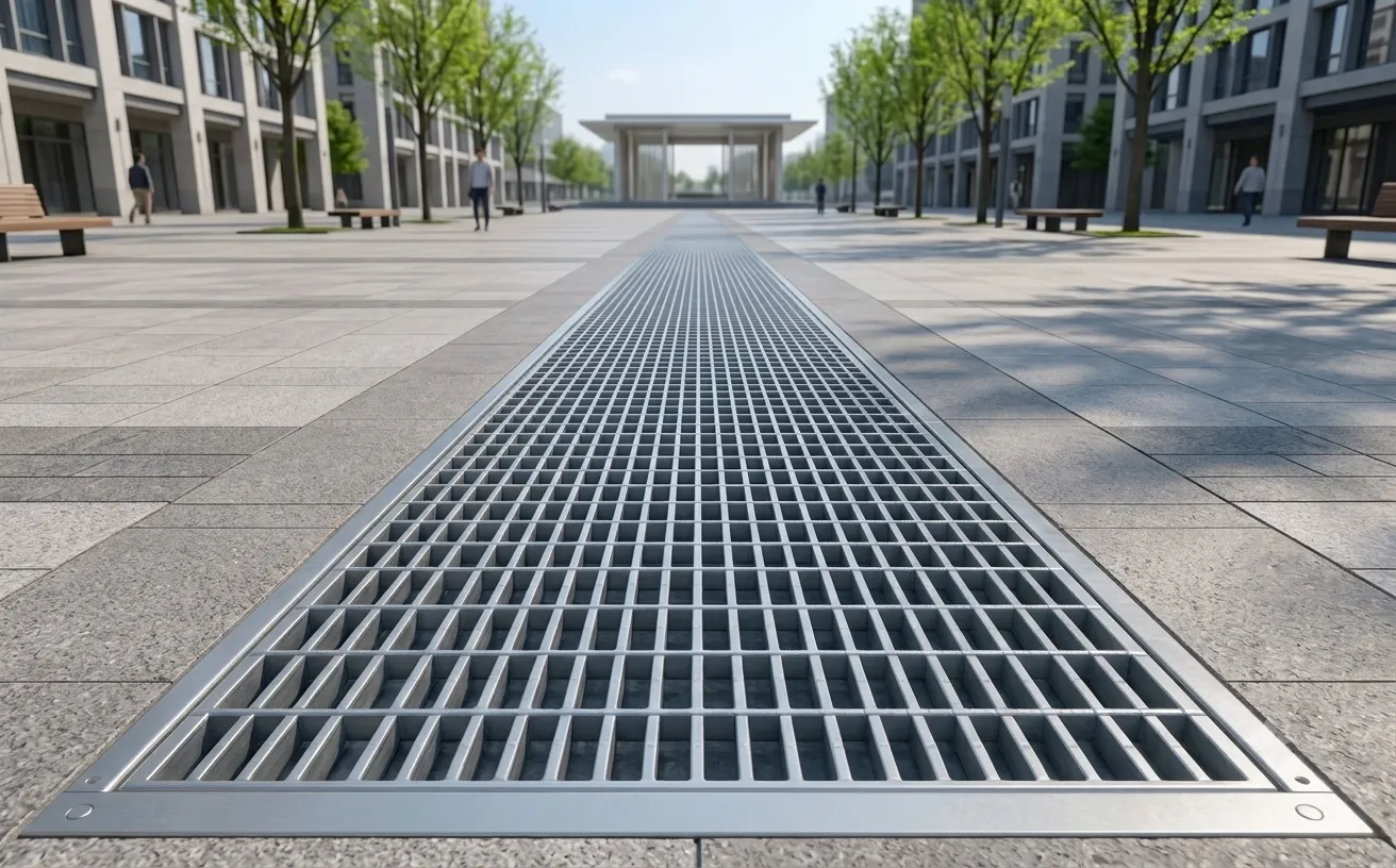Galvanized steel bar grating drainage trench covers installed on municipal roadside