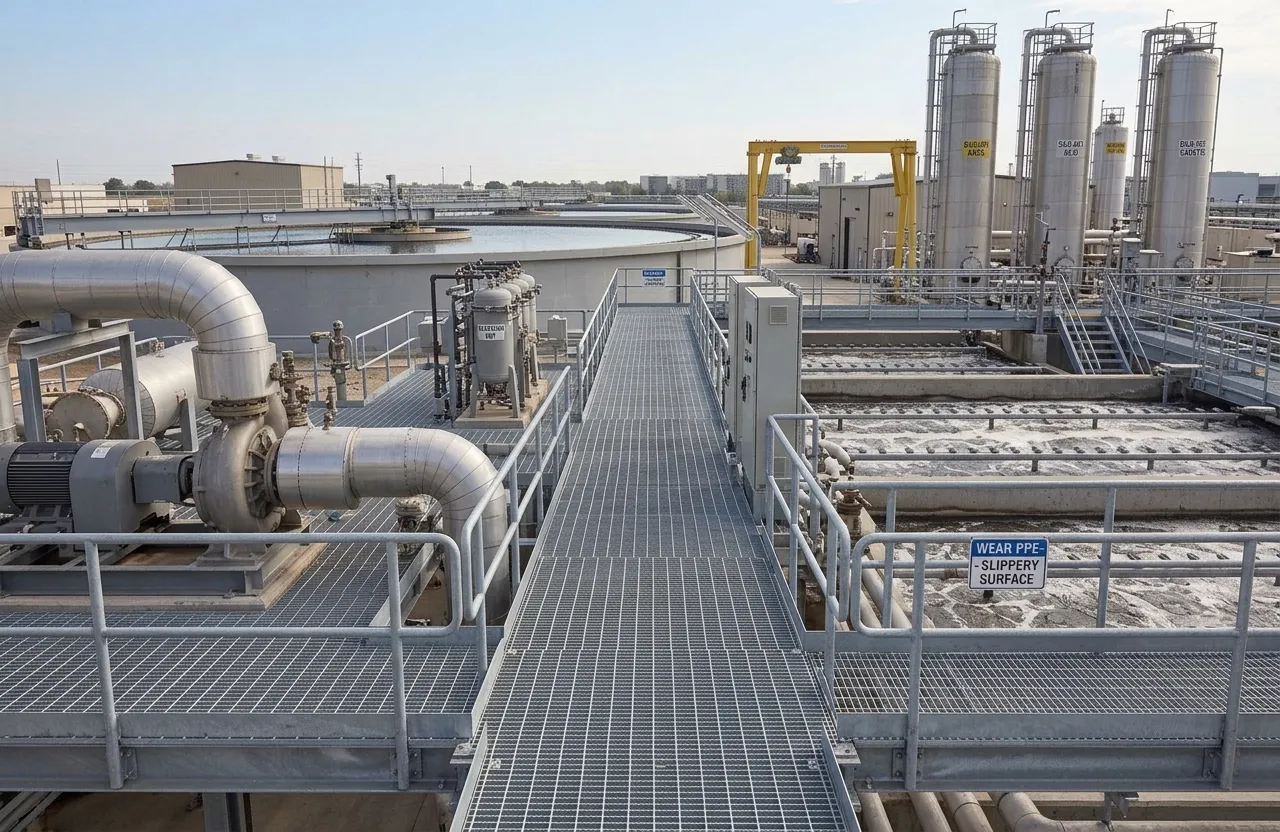 Anti-corrosion steel grating panels used for safe access and drainage in industrial wastewater treatment areas