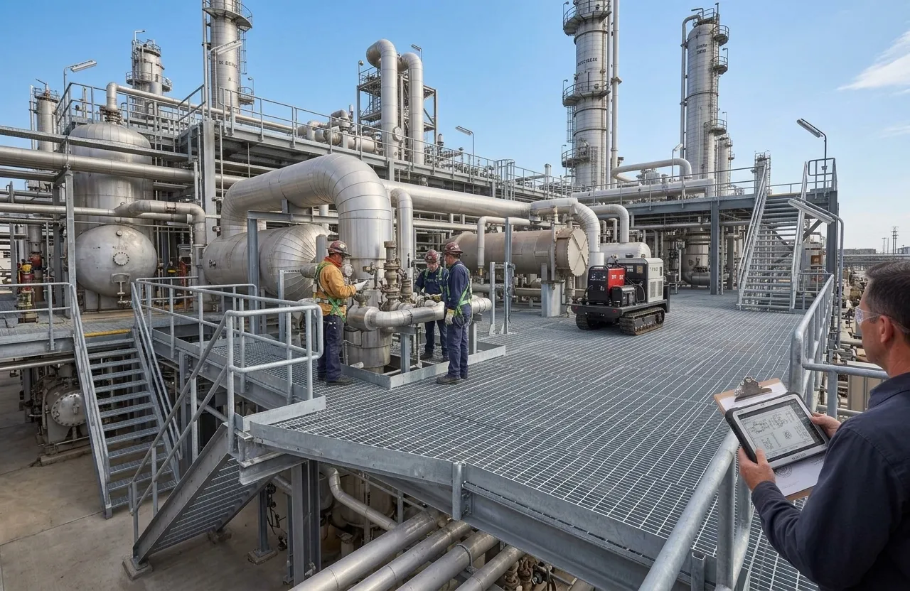 Anti-slip serrated steel grating installed in outdoor areas of a petroleum refinery for worker safety